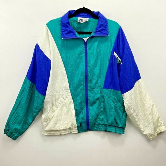 Vintage Retro 1990s Full Zip Nylon Green Blue Windbreaker Track Jacket Size XL - Picture 1 of 9